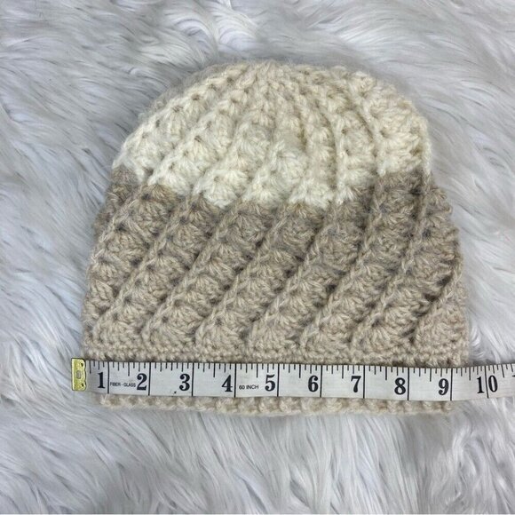 Handmade Virgin Wool Crochet Beanie Cream Beige Two Tone Cable Knit‎ Hat NEW main image 7